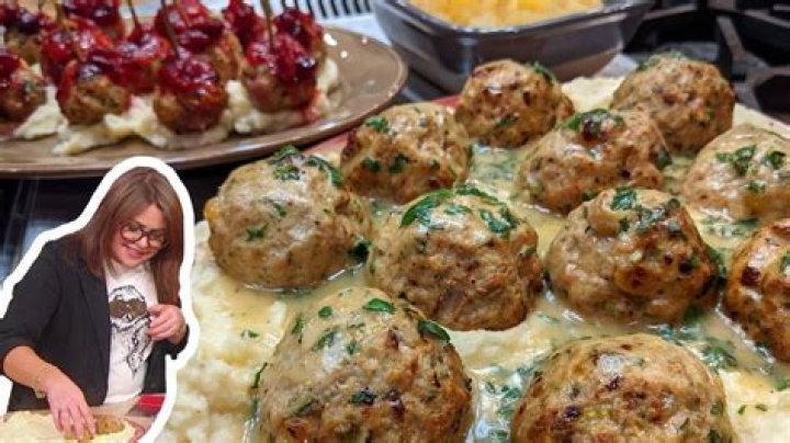 Turkey-Cornbread Meatballs, Herb Gravy and Roasted Garlic Mashed Potatoes | Rachael Ray | Recipe